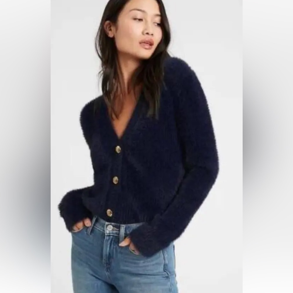 NWOT BANANA REPUBLIC FUZZY CARDIGAN WITH GOLD BUTTONS NAVY EXTRA LARGE